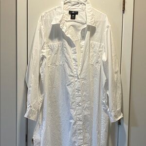 Ashley Stewart White Longline Button-Down Shirt Dress
